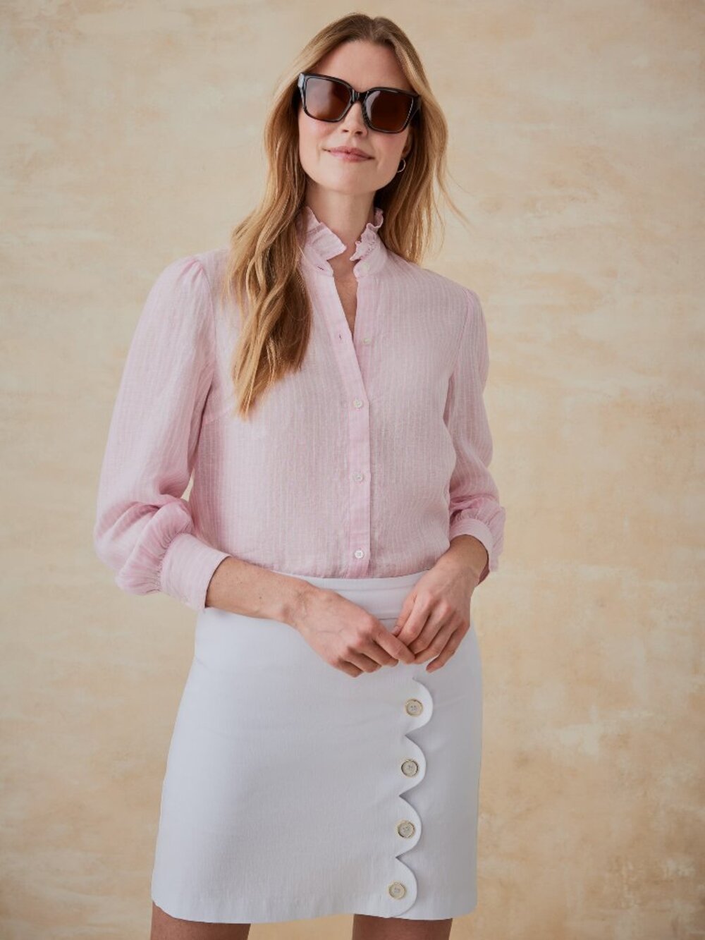 J McLaughlin Julian Linen Shirt in Stripe - Light Pink/White NEW